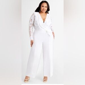 Ashley Stewart White Lace Belted Jumpsuit Scuba Pant Size 20